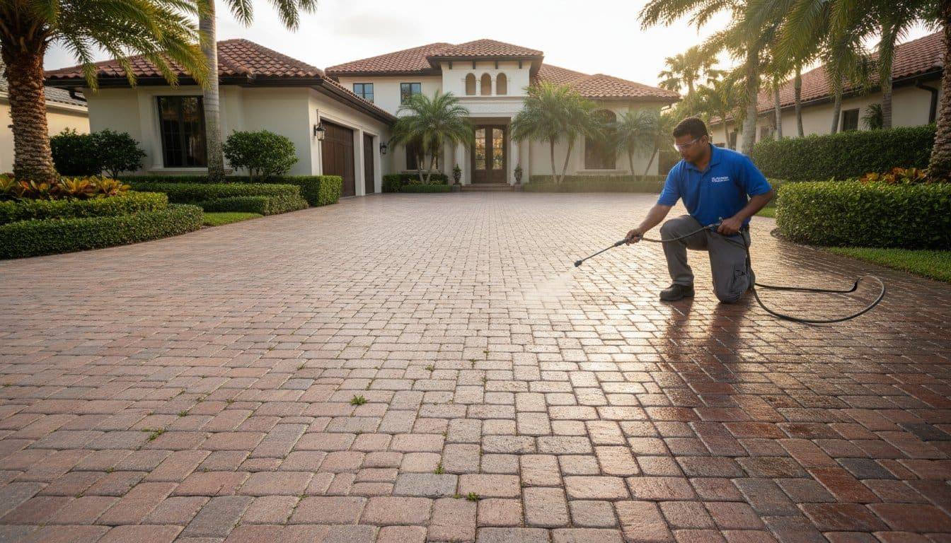 Poolside patio after professional paver cleaning and sealing
