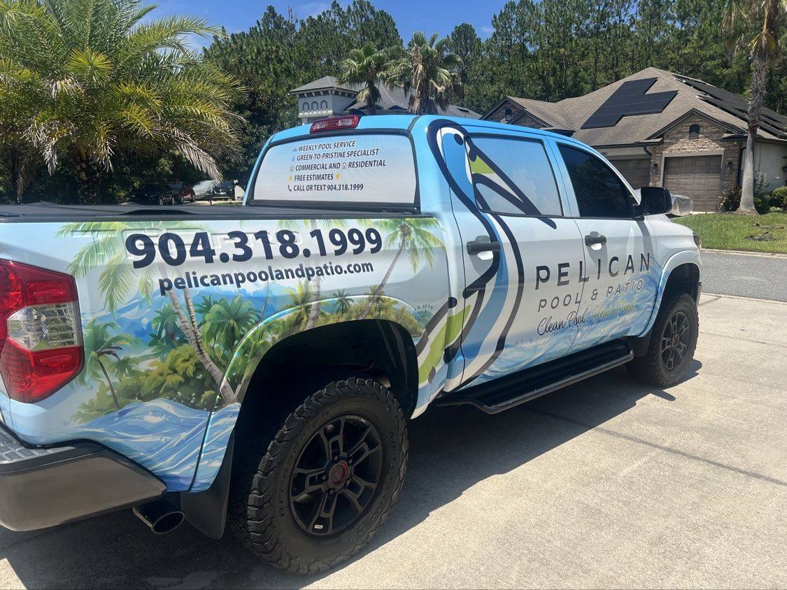 Rear view of the Pelican Pool and Patio pool maintenance truck