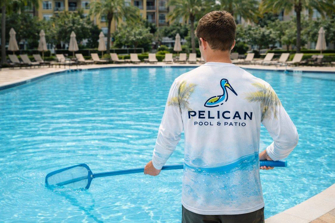 Pelican Pool and Patio technician in a Pelican shirt skimming a clear swimming pool