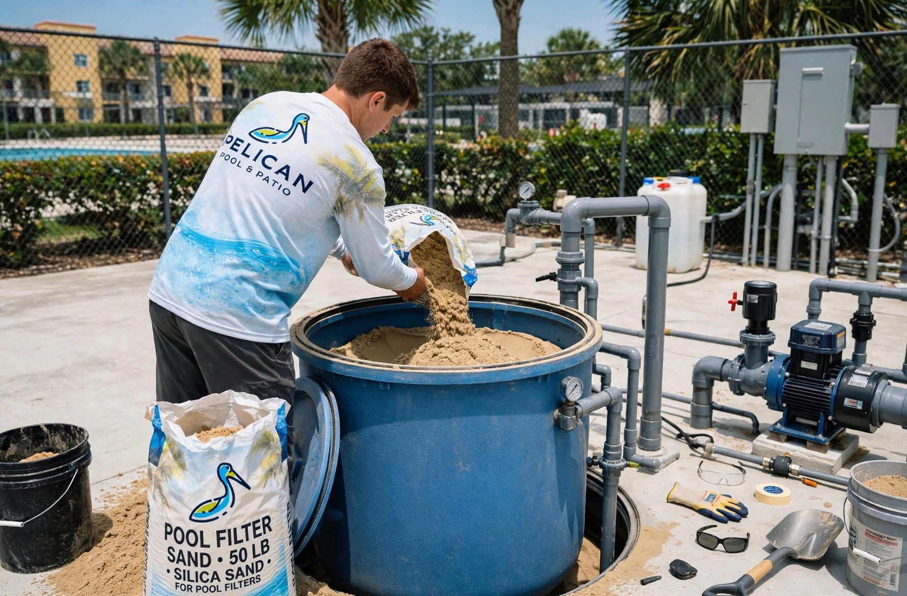 Pelican Pool and Patio technician in a Pelican shirt pouring fresh sand into a pool sand filter
