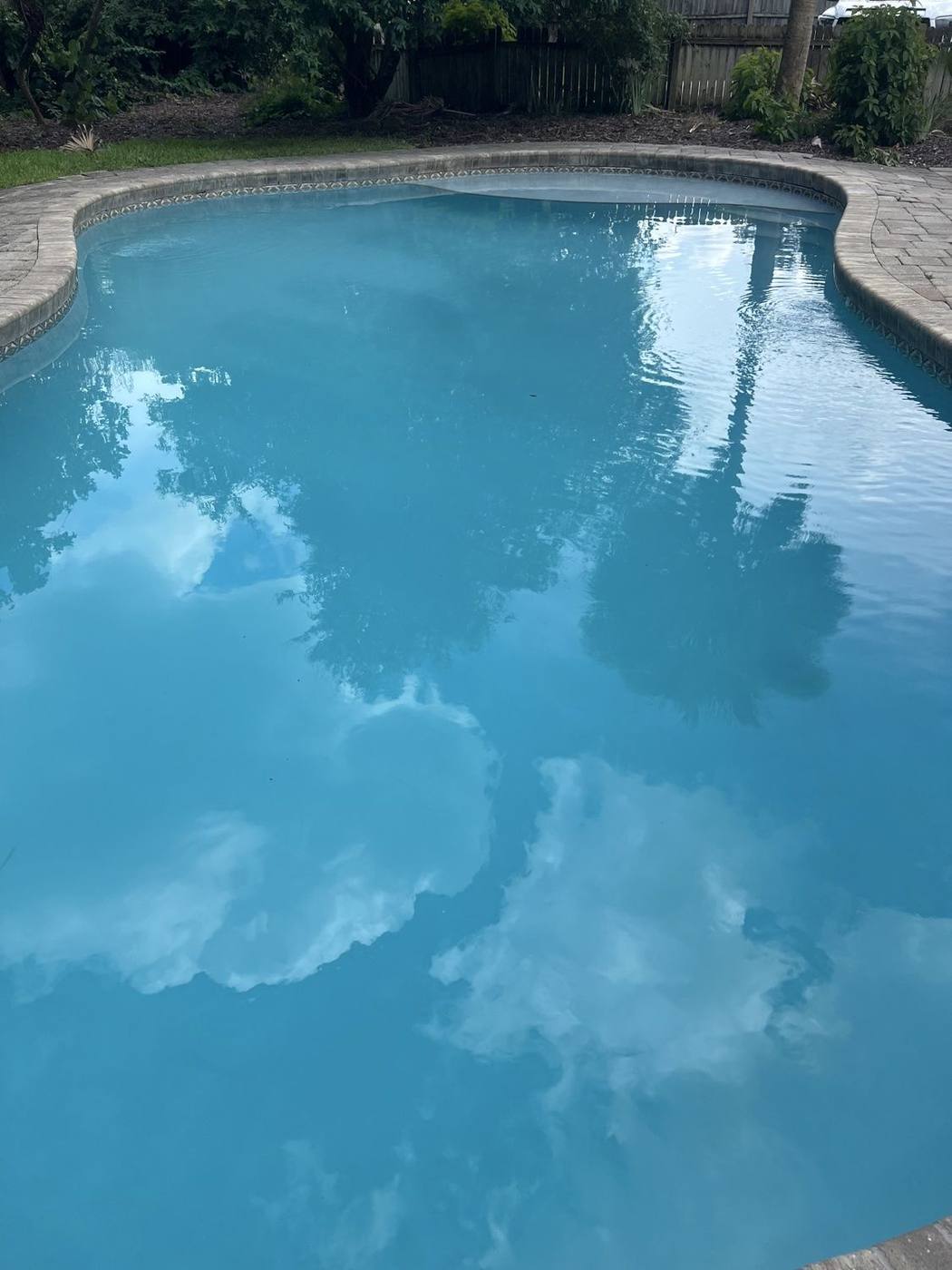 Kidney-shaped pool with clear blue water and a bright sky reflection after treatment
